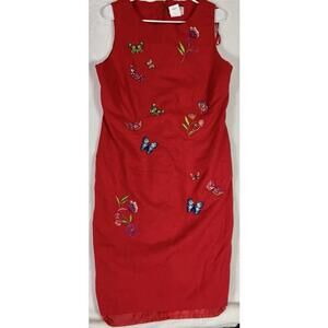 Studio C Plus Red Linen Blend Size 14W Embroidered Butterfly Lined Midi Dress